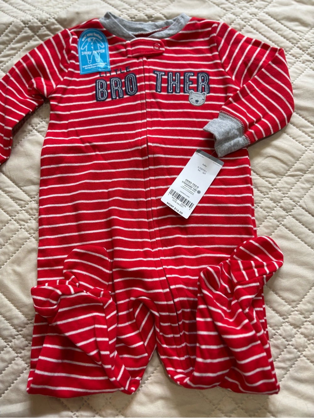 Carter's 9M Fleece ‘Brother’ Red and White Striped outfit